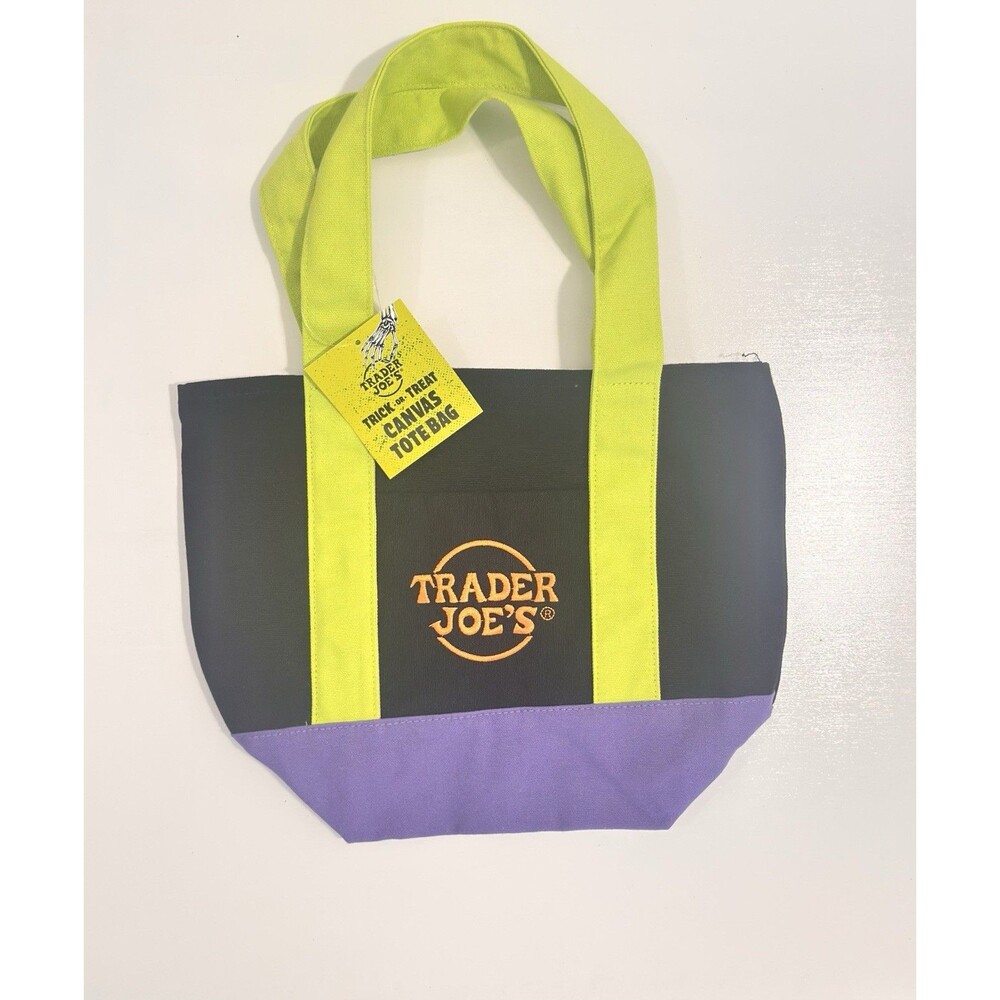 Trader Joe's Halloween Mini Canvas Tote Bag Black Neon Green Limited Ed New